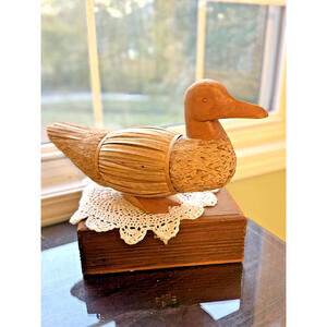 Handcrafted Duck rustic Figurine Straw Wood Carved Folk Art Decor 8" tall